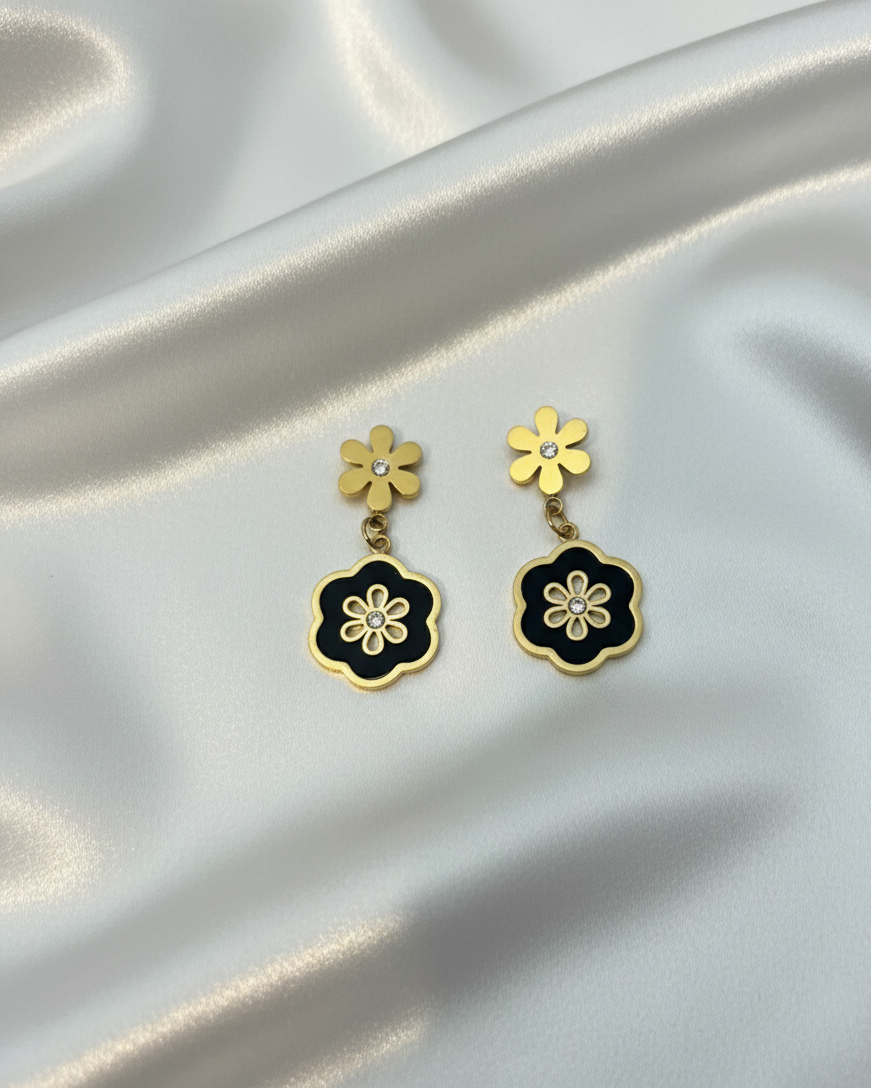 Gold and Black Flowe Charm Earrings DFE019