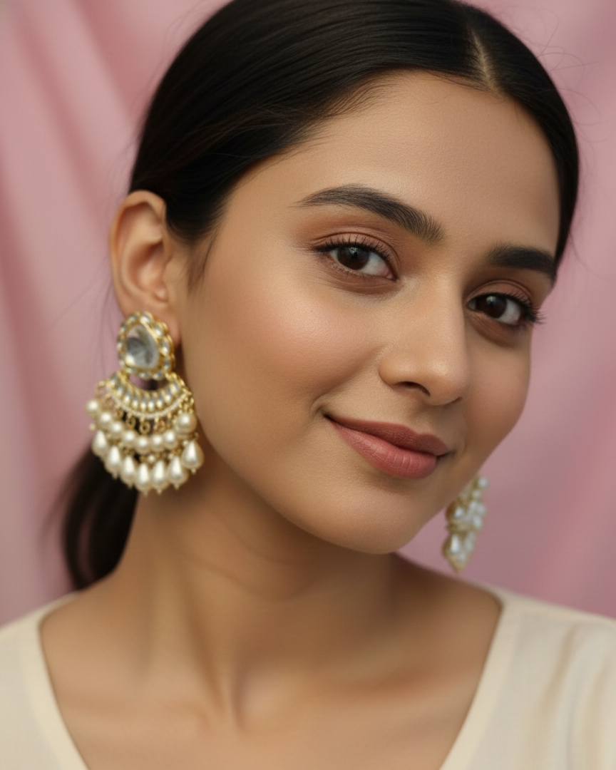 Royal White Kundan Chandbali Earrings with Pearl Droplets CHB007