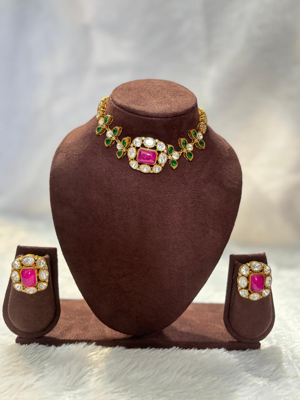 Real Moissanite Kundan Ruby-Green Choker Necklace Set KND003