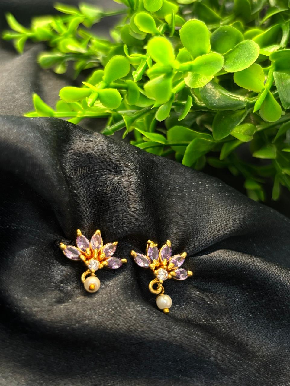 Lavender Stone Floral Pearl Drop Studs STD009