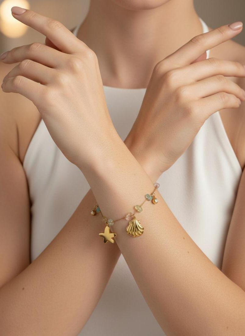 Pastel Bead Charm Bracelet with Seashell and Flower Motifs BRC024