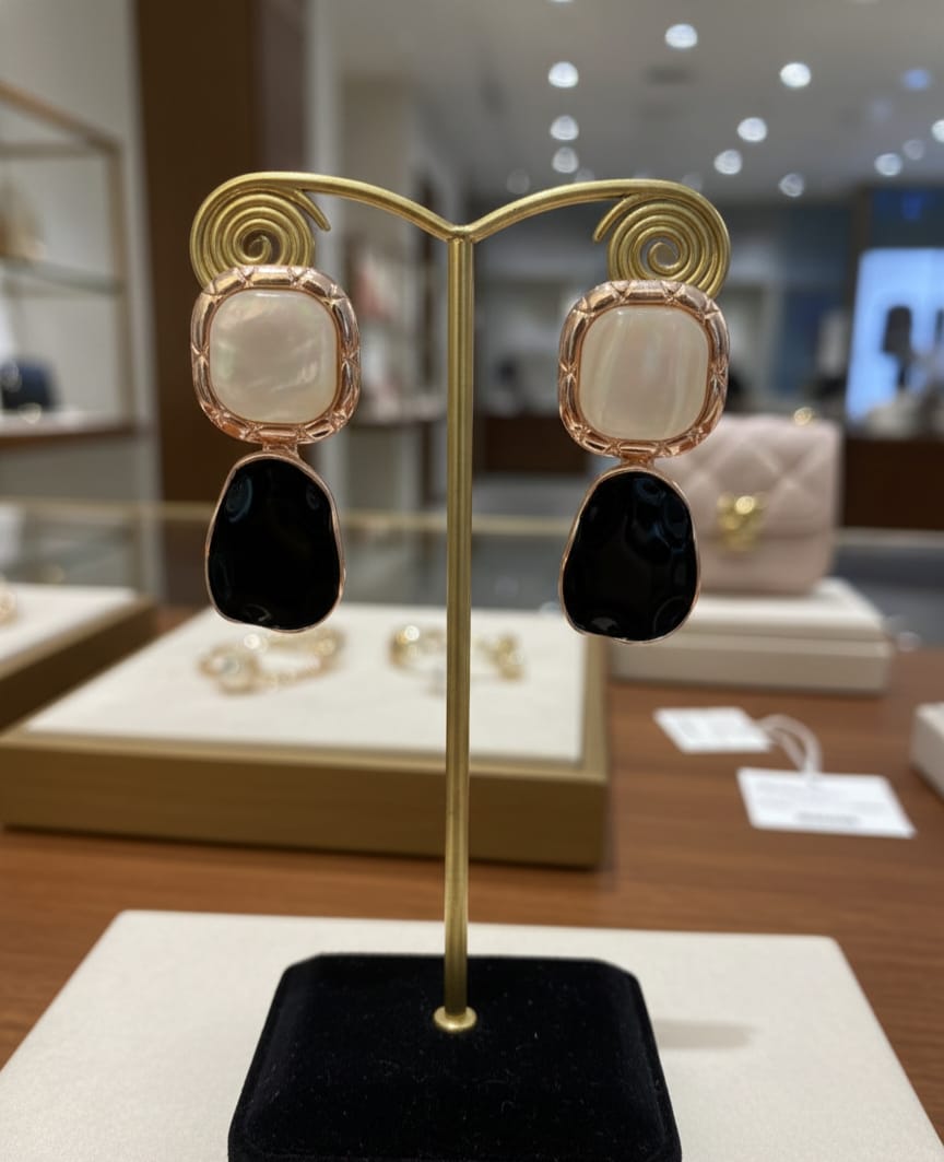 Rose Gold Pearl and Black Stone Drop Earrings DFE027