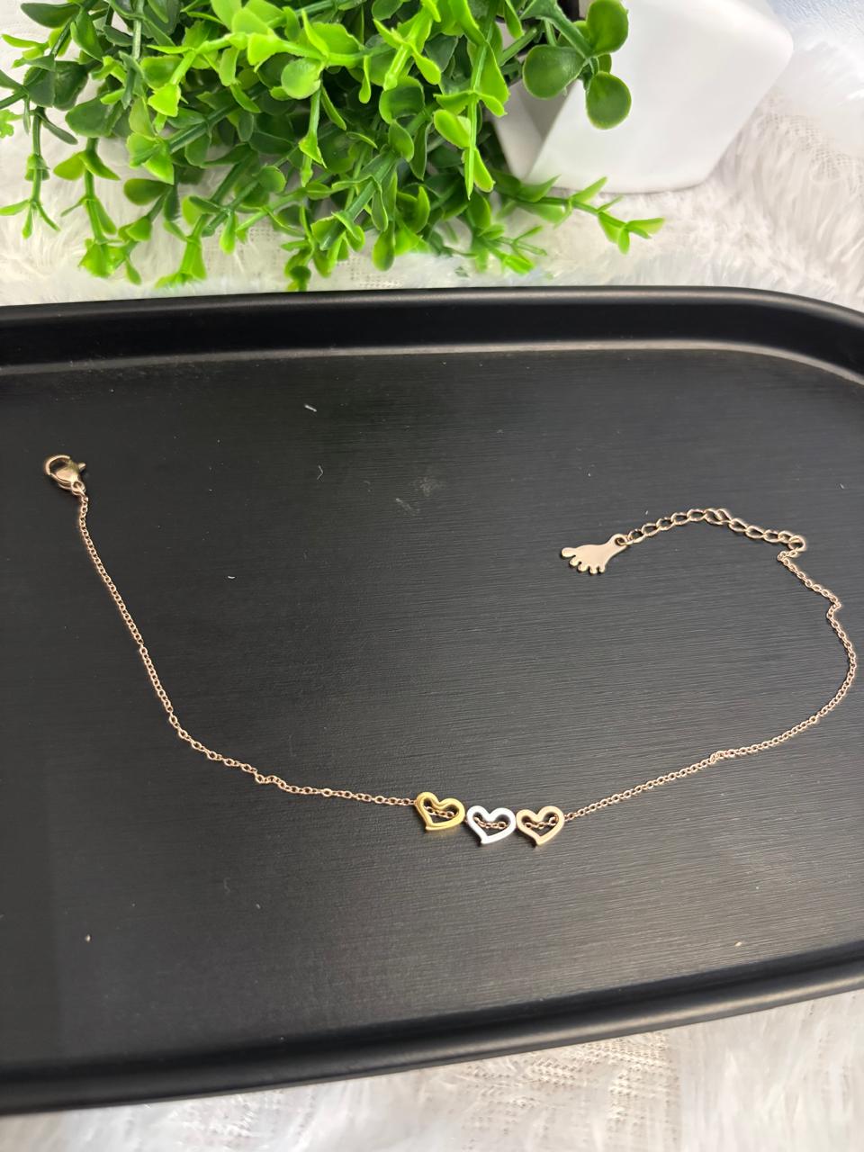 Tri-Tone Triple Heart Charm Anklet Gold, silver, Rose Gold ANK011