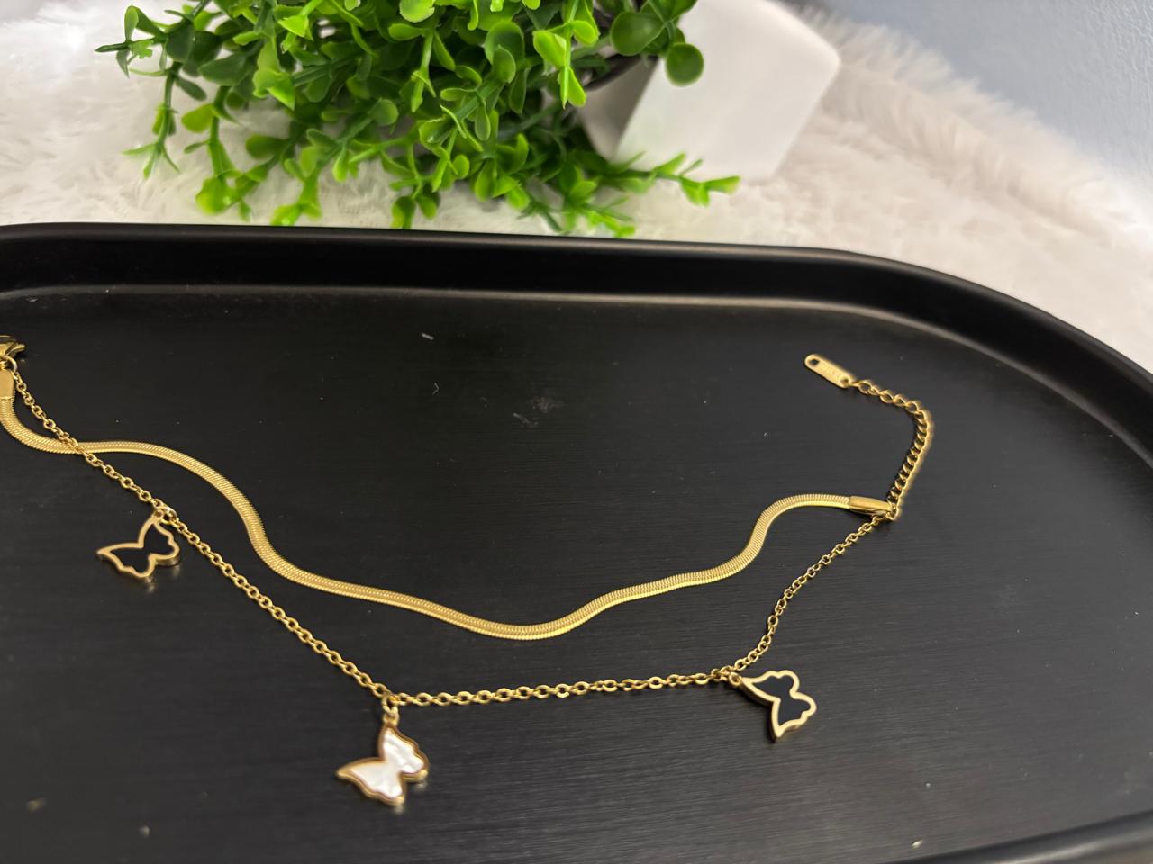 18K Gold Plated Double Layered Butterfly Layered Butterfly Charm Anklet ANK012