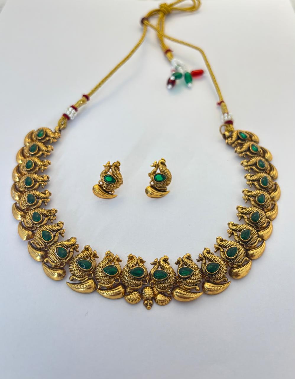 Traditional South Indian Gold-Plated Peacock and Mango Design Necklace set with Green Stones CH006