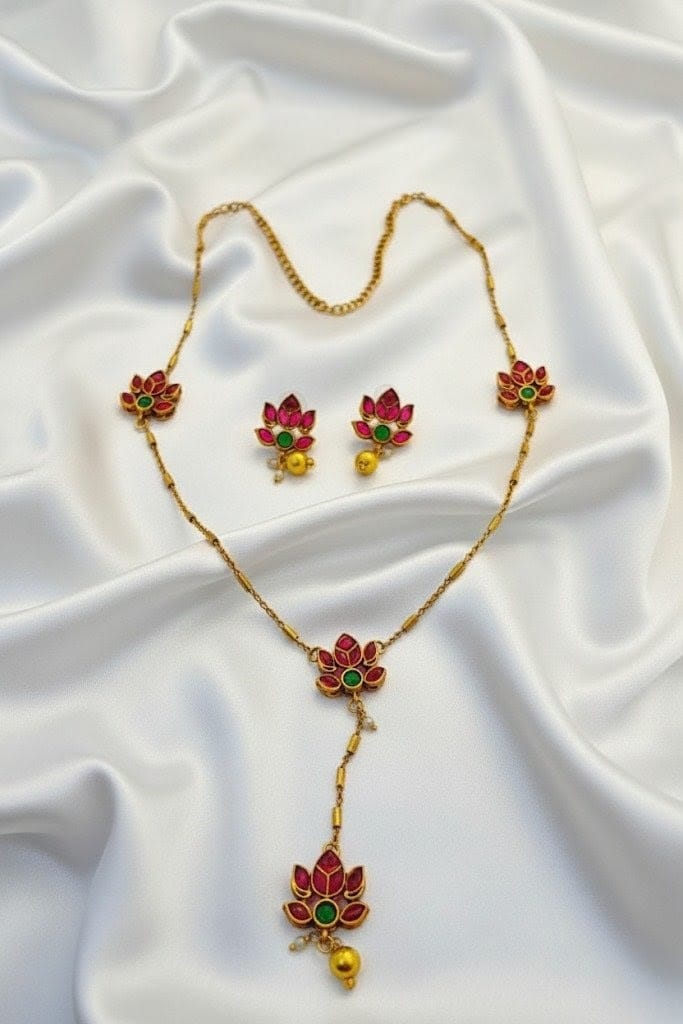 Gold-Plated Lotus Flower Y-Necklace with Pink and Green Stones Traditional Jewelry Set LTN002