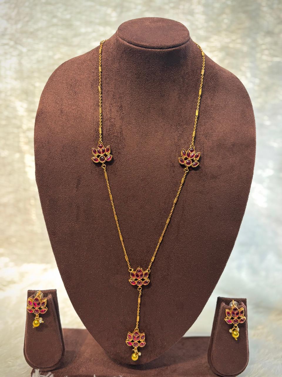 Gold-Plated Lotus Flower Y-Necklace with Pink Stones Traditional Jewelry Set LTS004