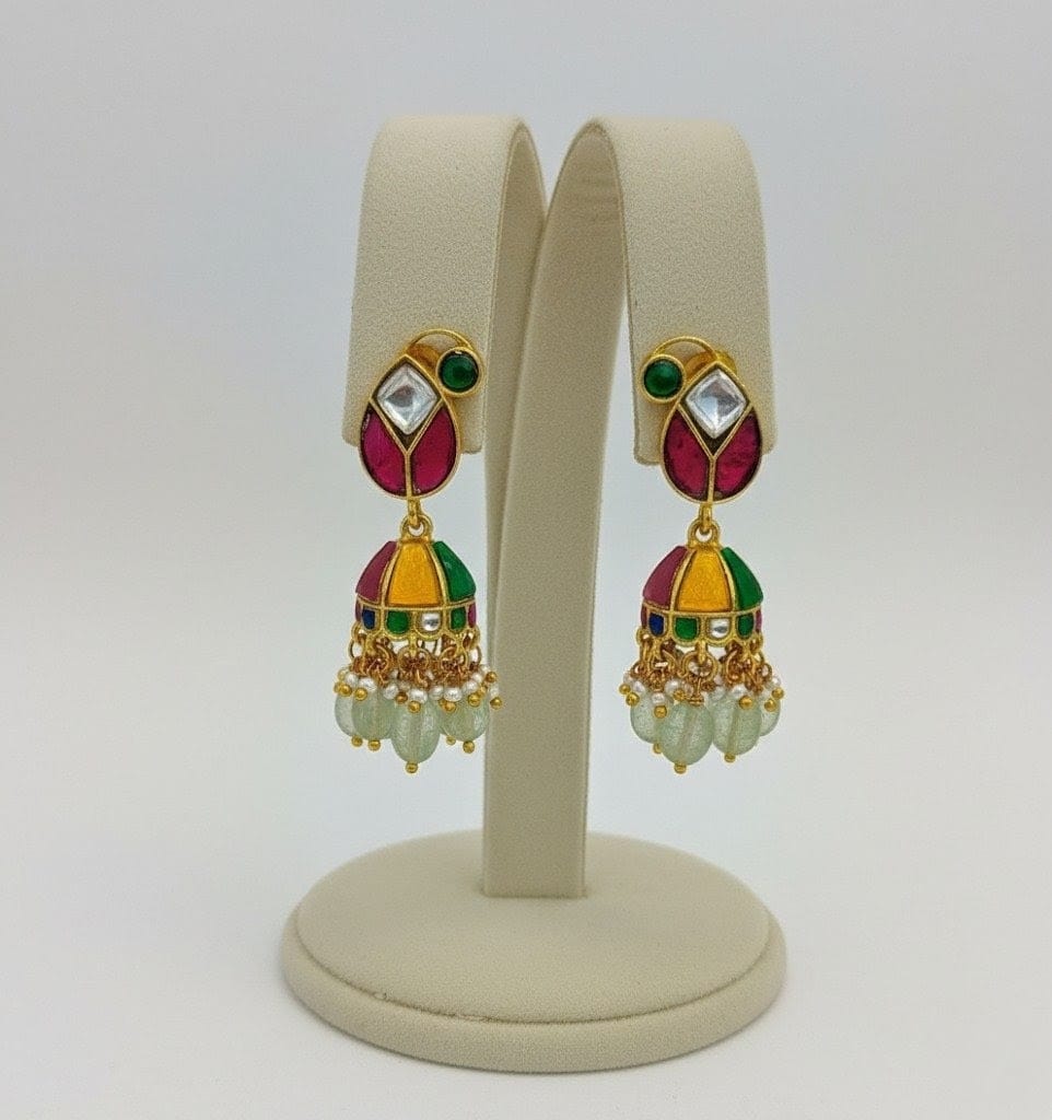 Traditional Real Kundan Half Jhumka with Mint Green Beads JMK003