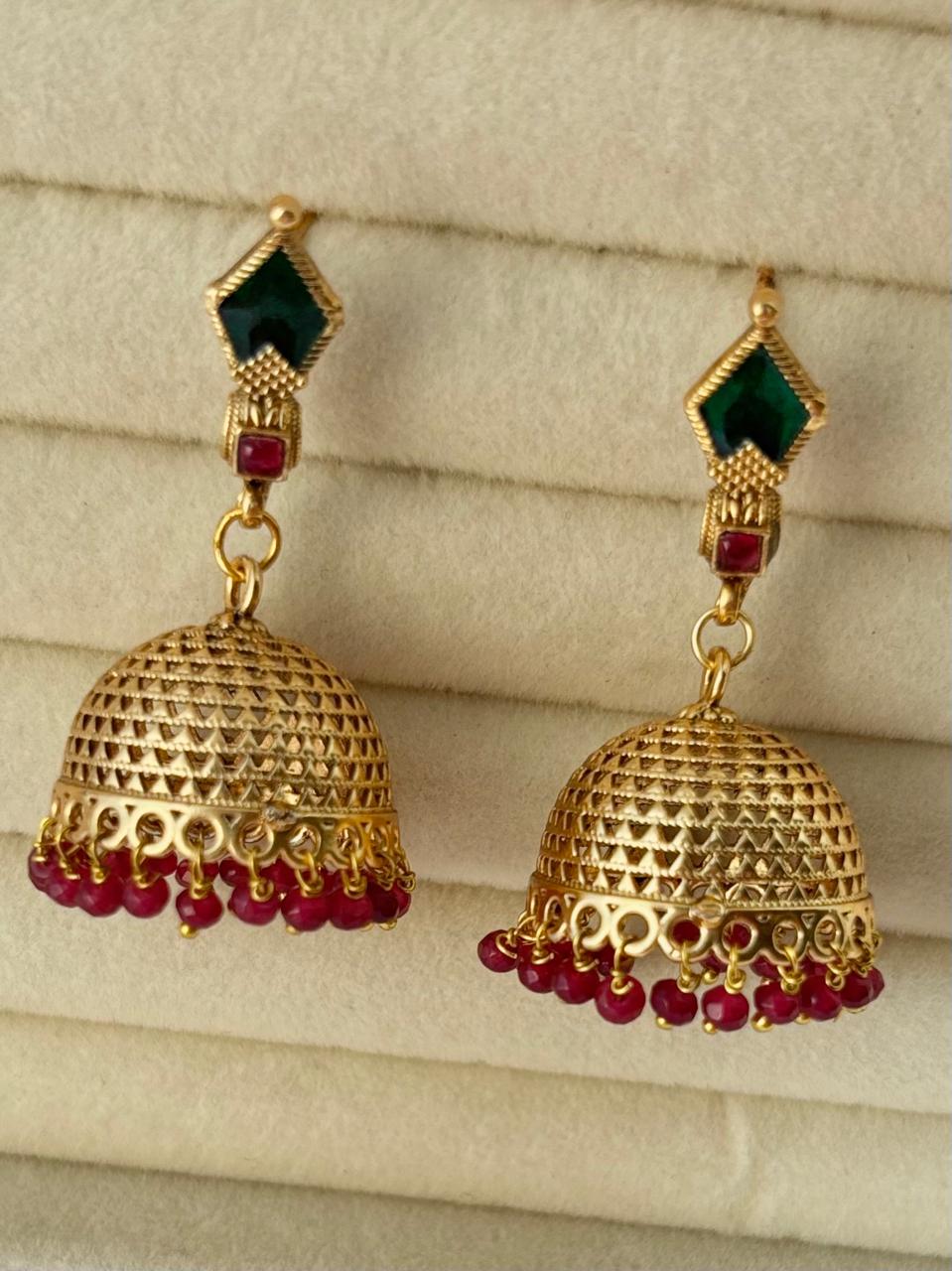 Antique Gold Jhumkis Earrings with Ruby Red Beads JMK006
