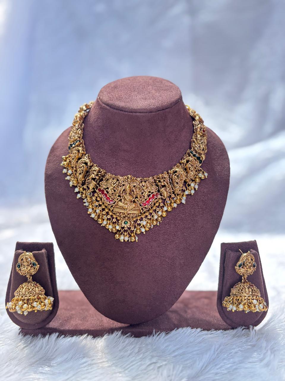 Traditional South Indian Temple Antique Gold Bridal Necklace Set TN005
