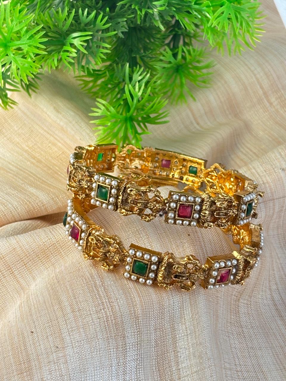 Royal Temple Style Pearl-Ruby Bangles (Set of 2 Piece) BNG016