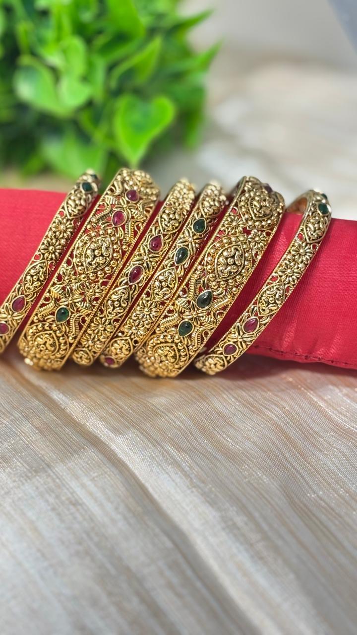 Elegant Gold Plated Bangles with Traditional Red and Green Stones (Set of 6 Piece) BNG013