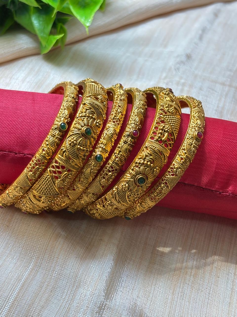 6 Piece Gold Bangles with Intricate Filigree Work BNG009