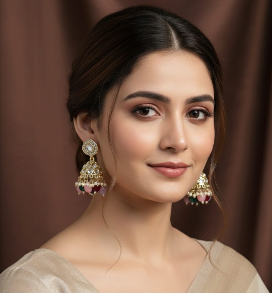 Elegant Gold-Tone Kundan Jhumki with Colorful Beads CHB001