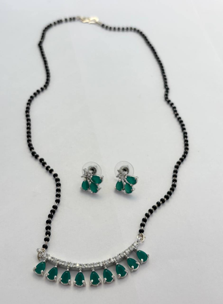 Elegant Emerald and Diamond Curved Mangal Sutra Set with Matching Earrings MNG002
