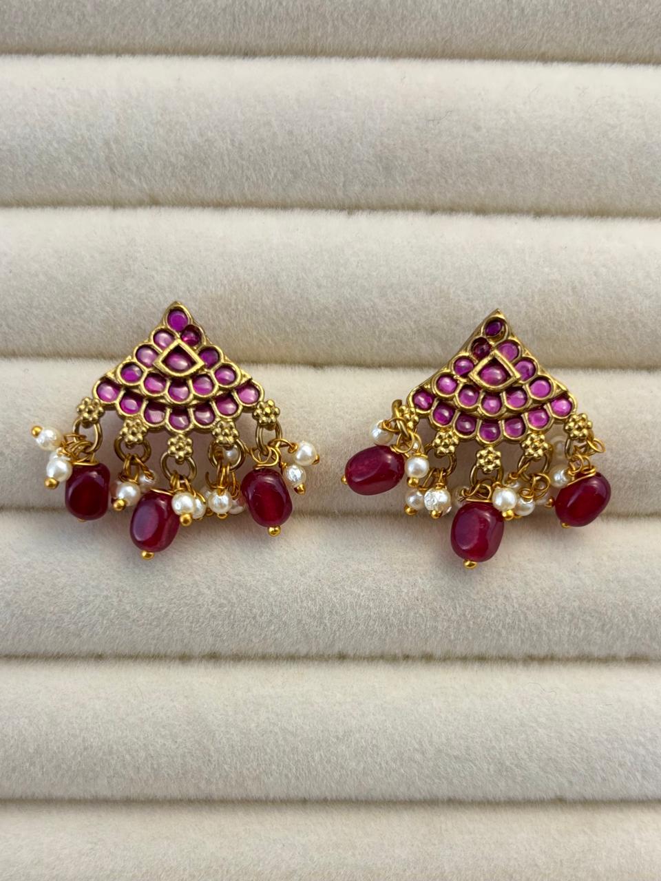Traditional Kemp Stone Jhumka-Style Studs with Ruby Pink Stones and Pearl Drops STD013