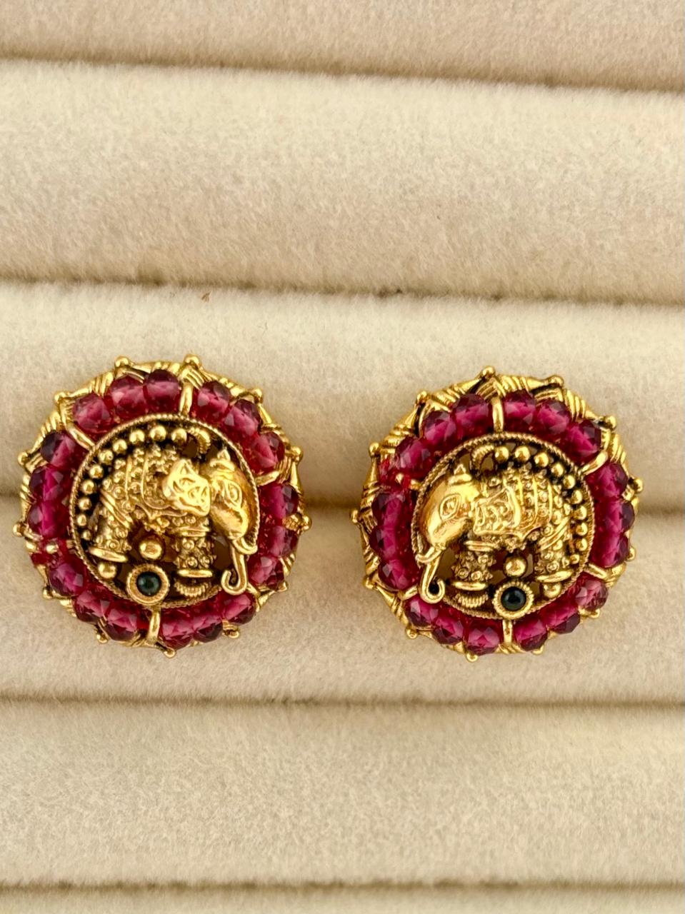 Antique Gold Elephant Ruby Stud Earrings STD015