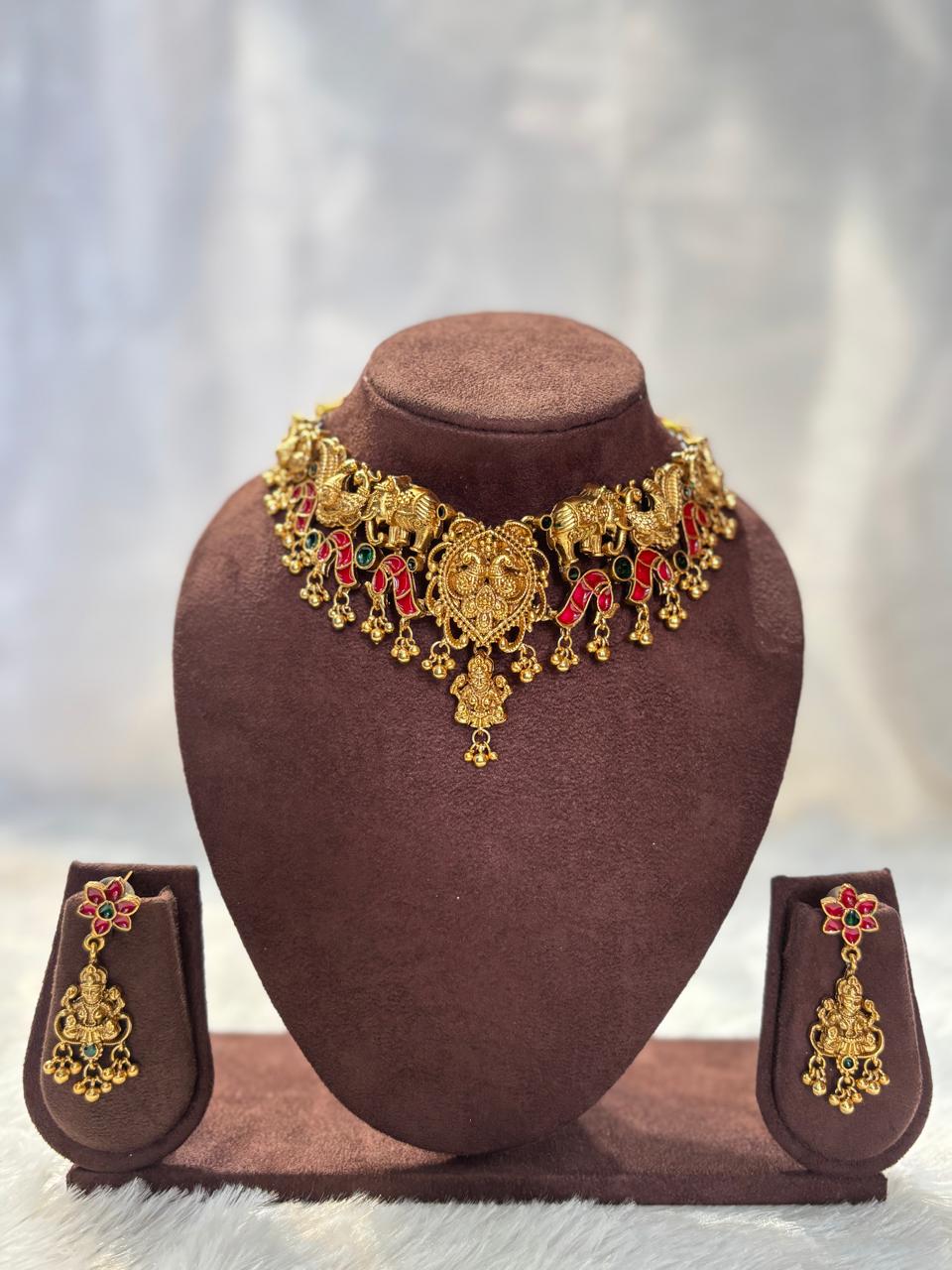 Classic Goddess Lakshmi And Peacock Temple Choker Necklace Set TN004