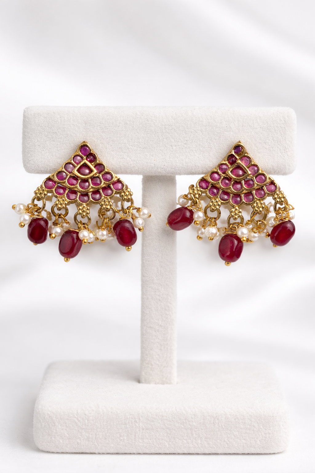 Traditional Kemp Stone Jhumka-Style Studs with Ruby Pink Stones and Pearl Drops STD013