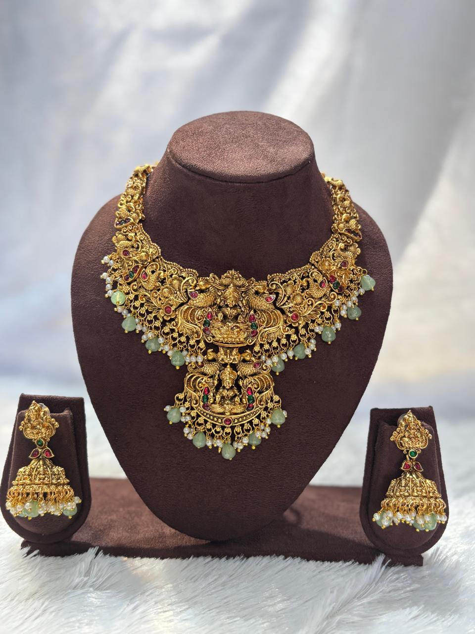 Temple Anique Necklace with Jumkha with light Green Beads TN006