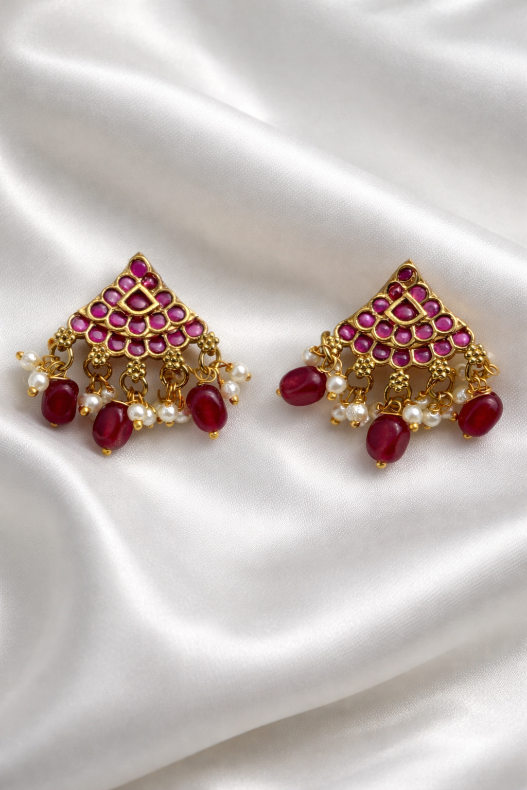 Traditional Kemp Stone Jhumka-Style Studs with Ruby Pink Stones and Pearl Drops STD013