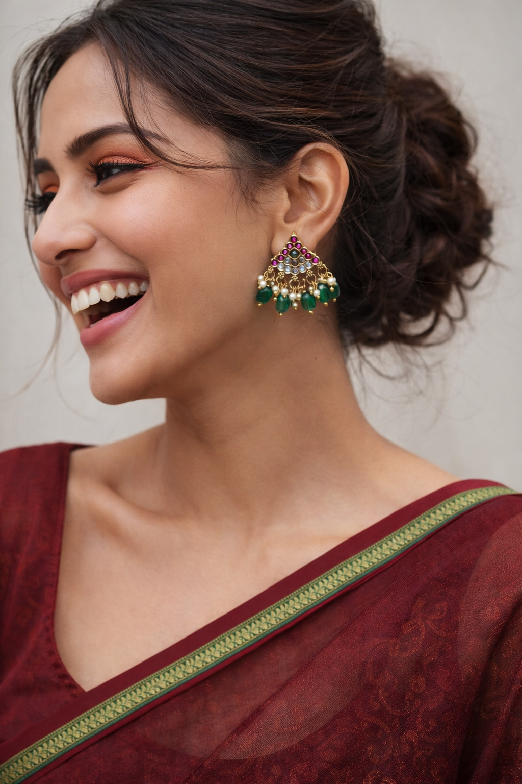 Traditional Multi-Color Stone Jhumka-Style Studs with Pearl Drops STD014