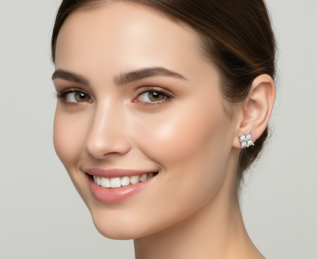 Pure 925 SilverQuad-Set Diamond Style Studs.  925/010