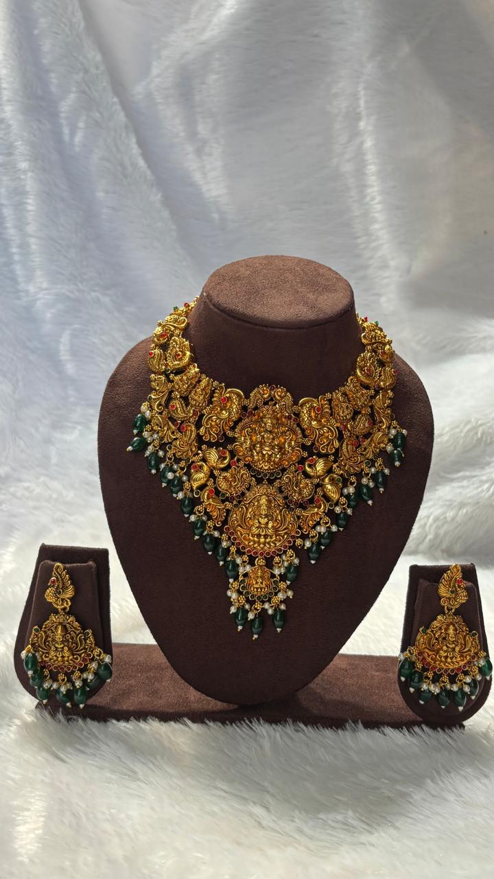 Heavy Bridal Temple Necklace Set with Peacock and  Lakshmi  Pendants TN007