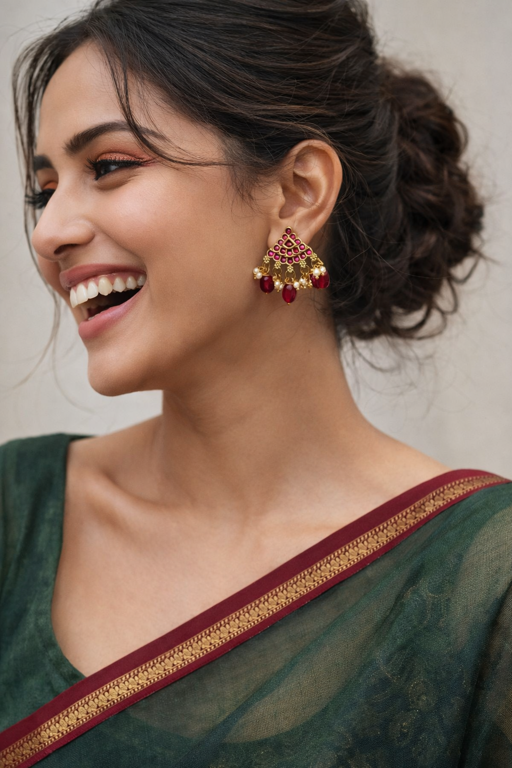 Traditional Kemp Stone Jhumka-Style Studs with Ruby Pink Stones and Pearl Drops STD013