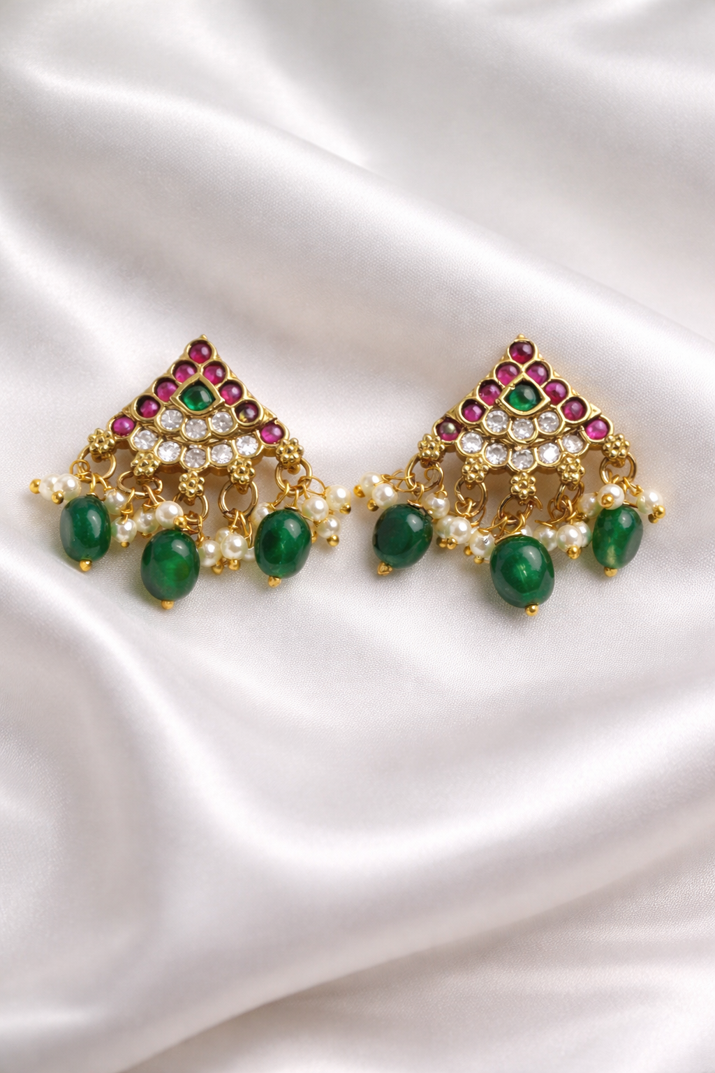 Traditional Multi-Color Stone Jhumka-Style Studs with Pearl Drops STD014