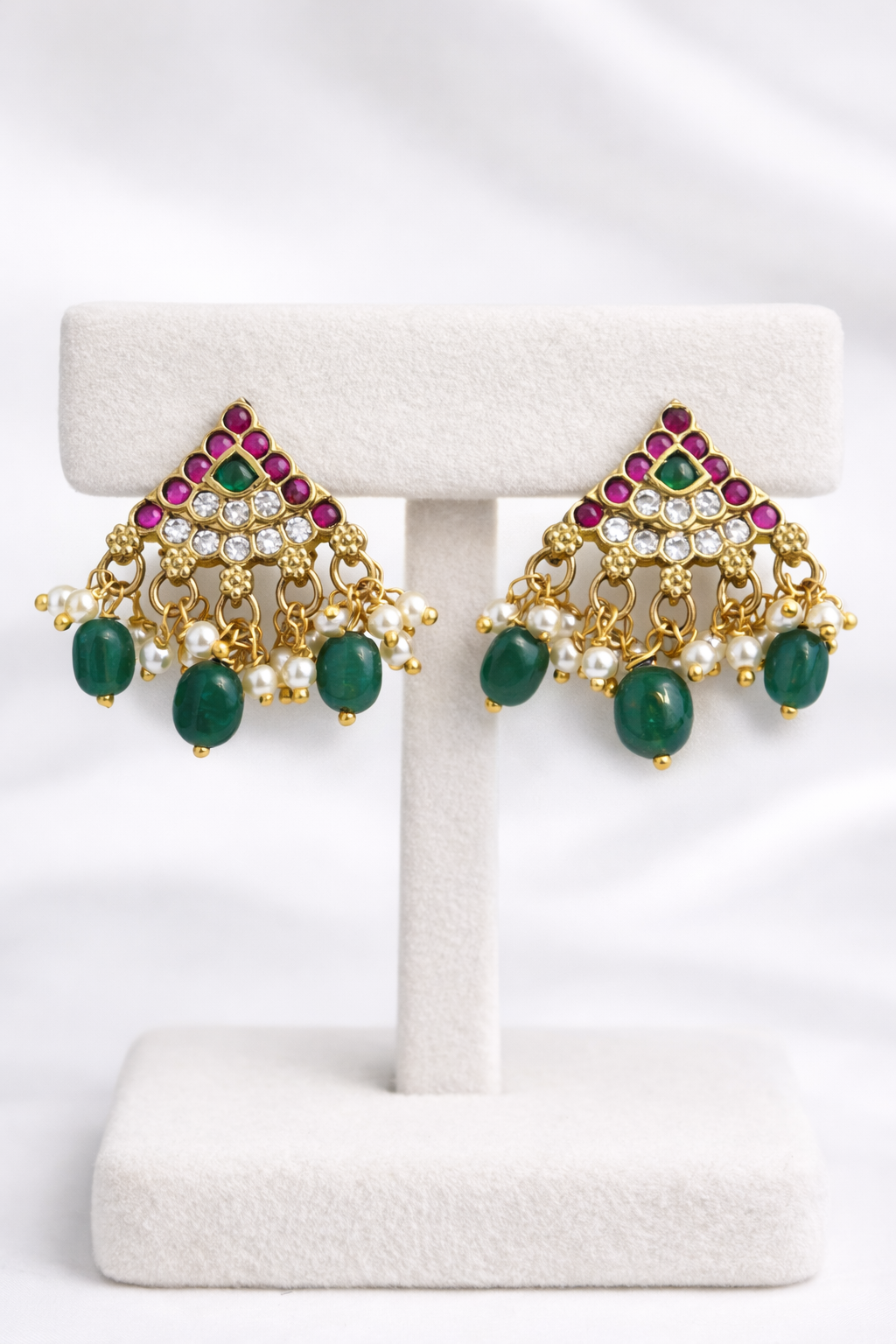 Traditional Multi-Color Stone Jhumka-Style Studs with Pearl Drops STD014