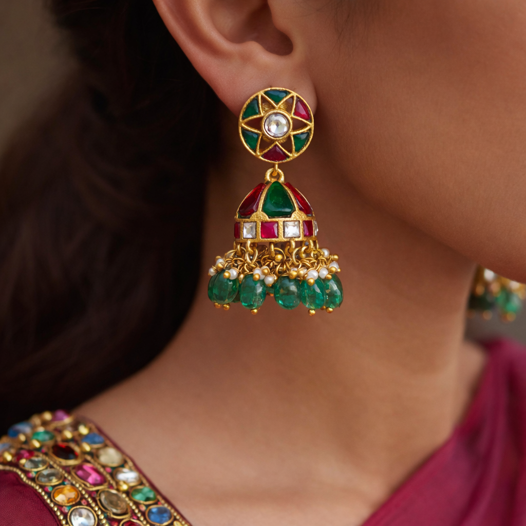 Traditional Real Kundan Half Jhumka with Green Beads JMK004