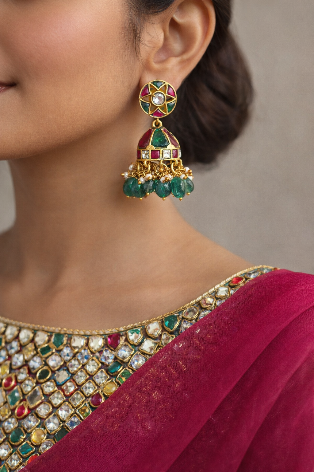 Traditional Real Kundan Half Jhumka with Green Beads JMK004