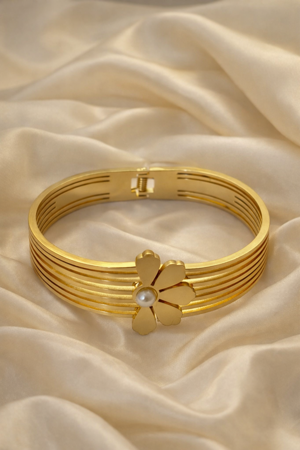 Elegant Multi-line Gold Bracelet with Pearl Floral Motif BRC011