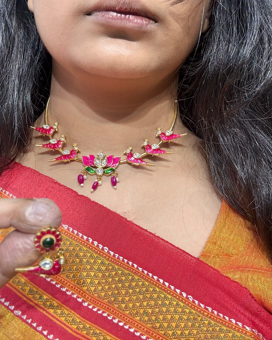 Pink Enamel Parrot & Lotus CHOKER LTN004