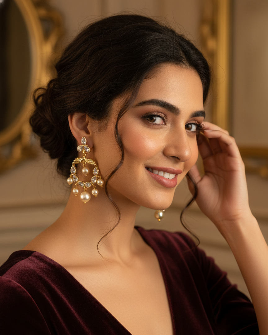 Gold-Plated Kundan Chandbalis Earrings with Pearl Drops CHB008