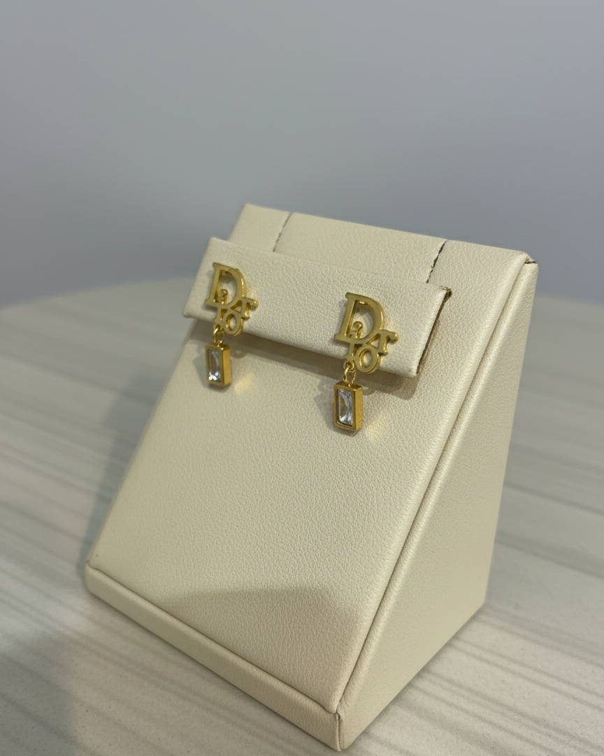 Dior 18K Gold-Tone Logo Stud Earrings with Crystal Accent DFE010