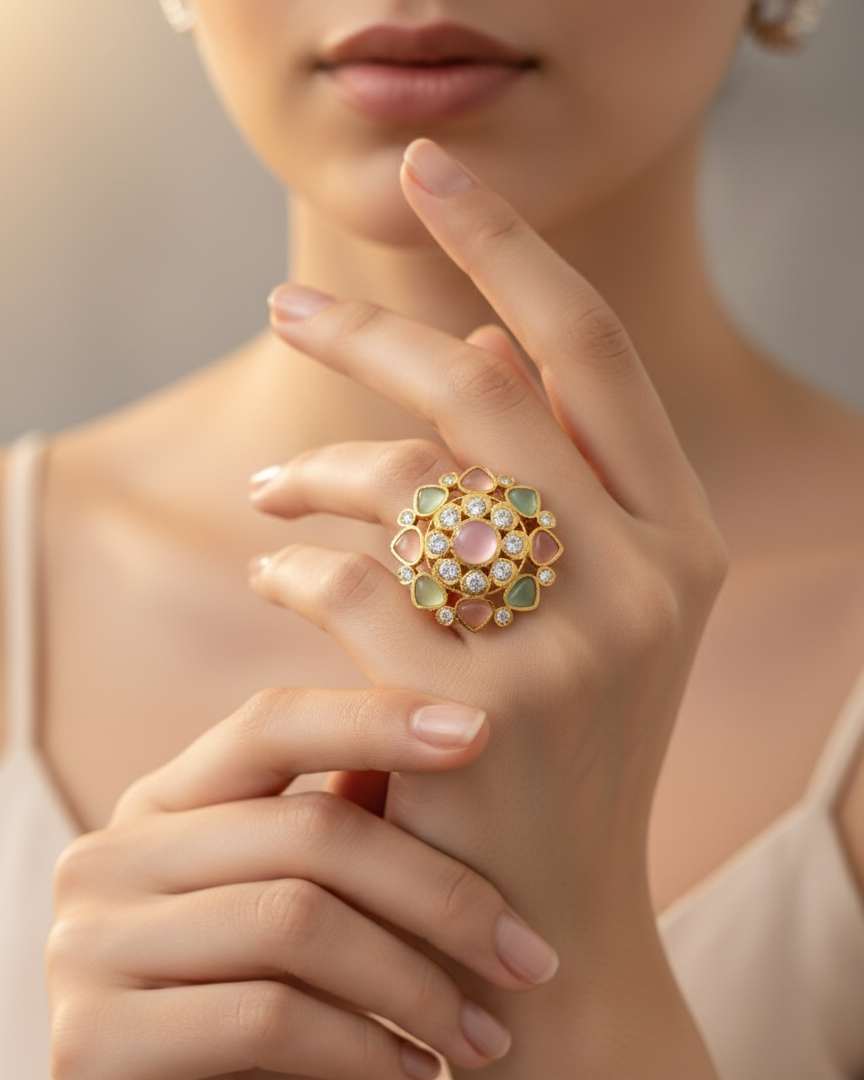 Vintage Floral Multi Gemstone Cocktail Ring with 18K Gold Plated RNG016