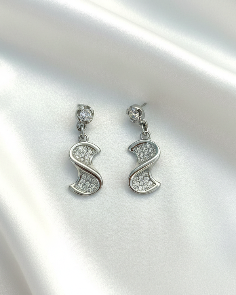 Pure 925 Silver Sparkling "S" Curve Dangle Earrings.  925/012