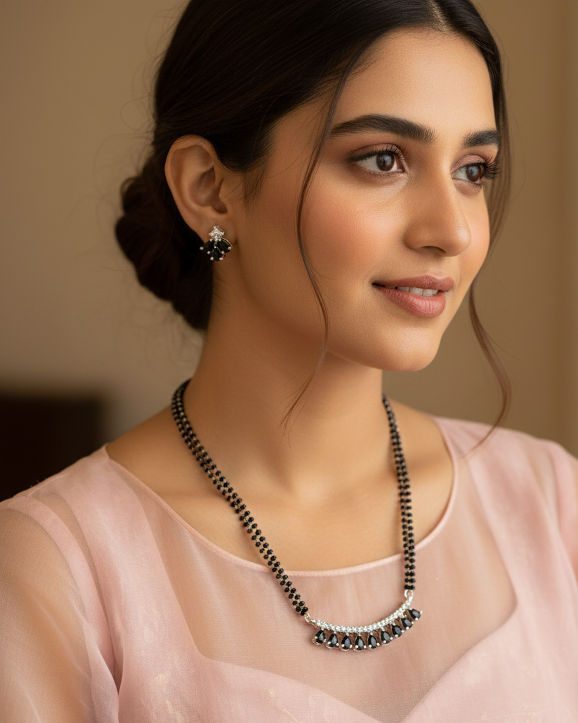 Modern Black Bead Mangal Sutra and Curved Black Diamond Pendant with Earring MNG006