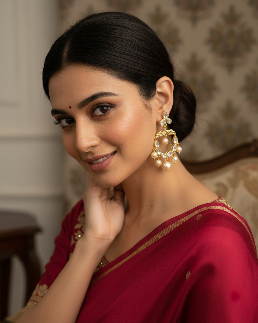 Gold-Plated Kundan Chandbalis Earrings with Pearl Drops CHB008