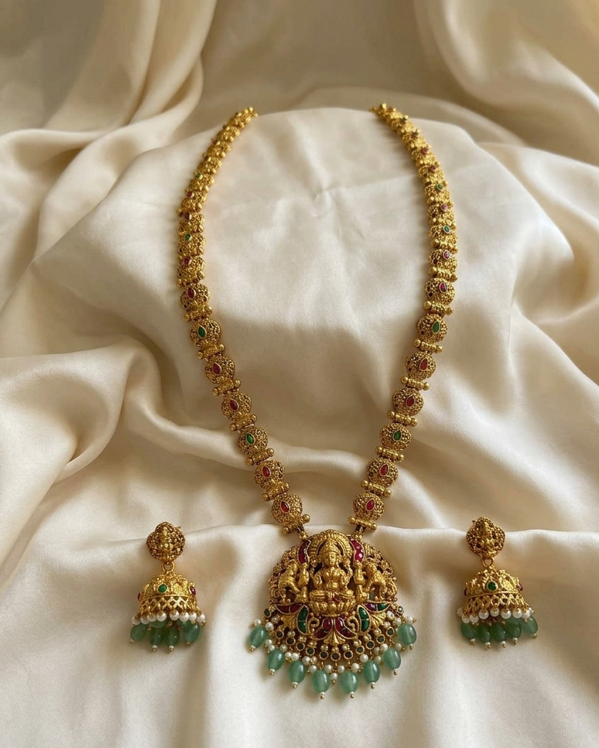 Long Gold-Plated Necklace Set with Green Bead Drops LN014