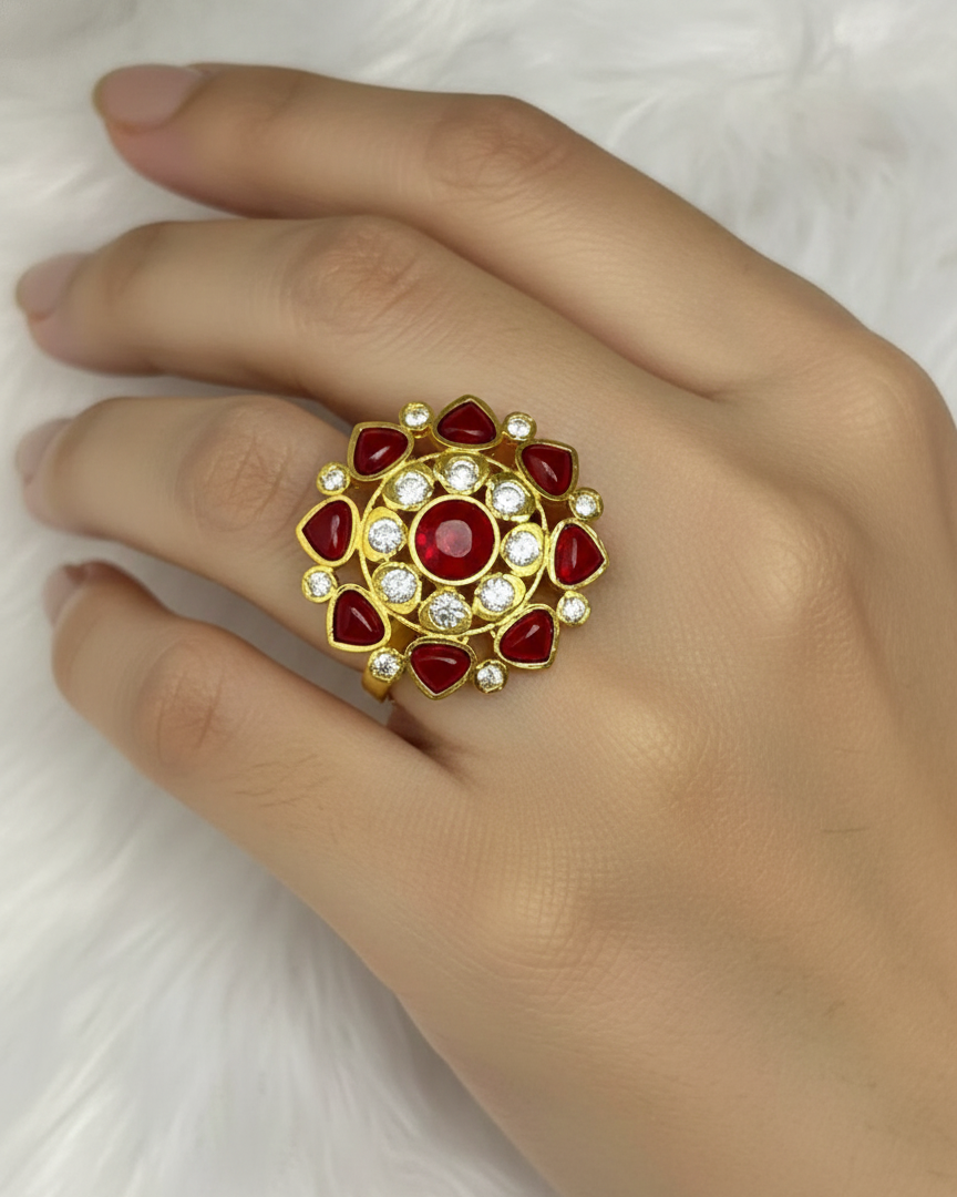 Vintage Style Gold Ruby and Diamond Cluster Ring with 18K Gold Plated RNG018