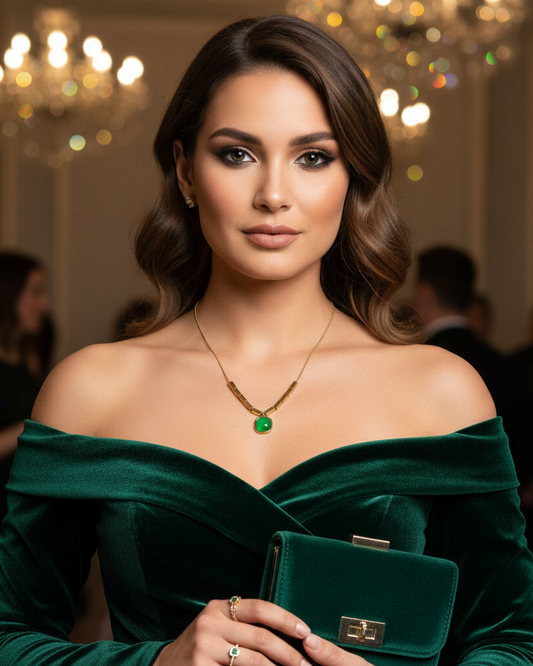 18K Gold Tone Necklace with Green Emarald Pendant  ANTNC004