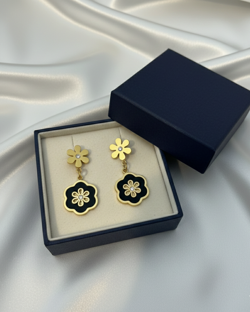 Gold and Black Flowe Charm Earrings DFE019