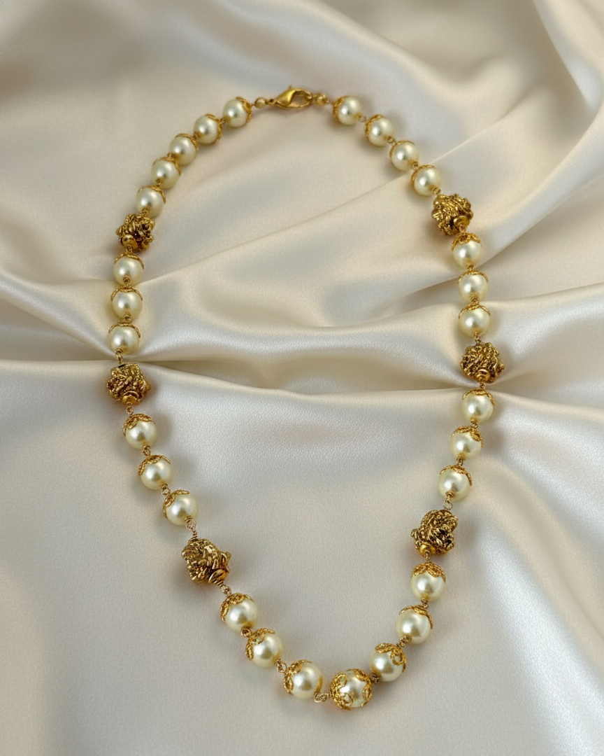 Classic Pearl and Gold Filigree Bead Handcrafted Necklace PRL008