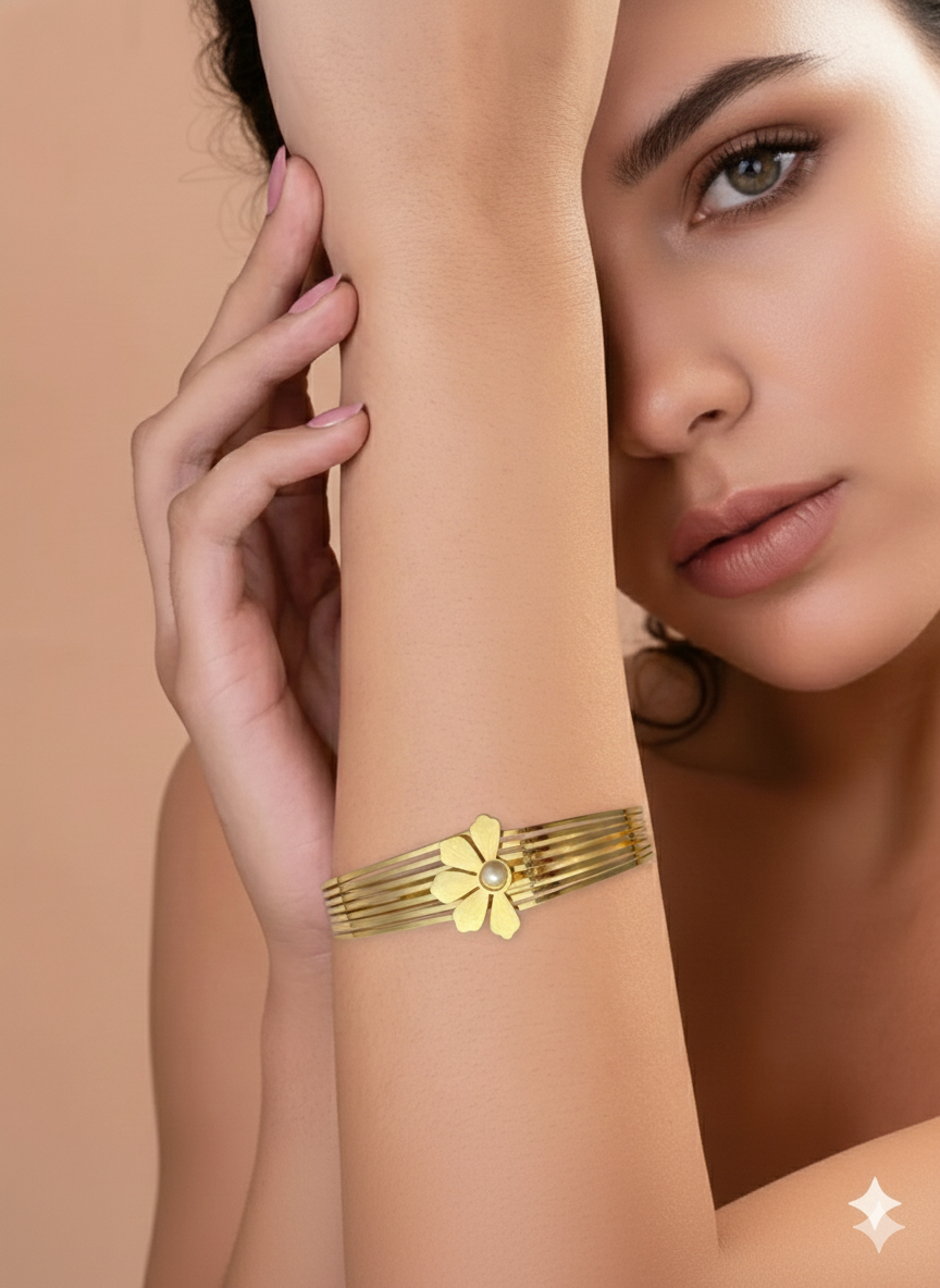 Elegant Multi-line Gold Bracelet with Pearl Floral Motif BRC011