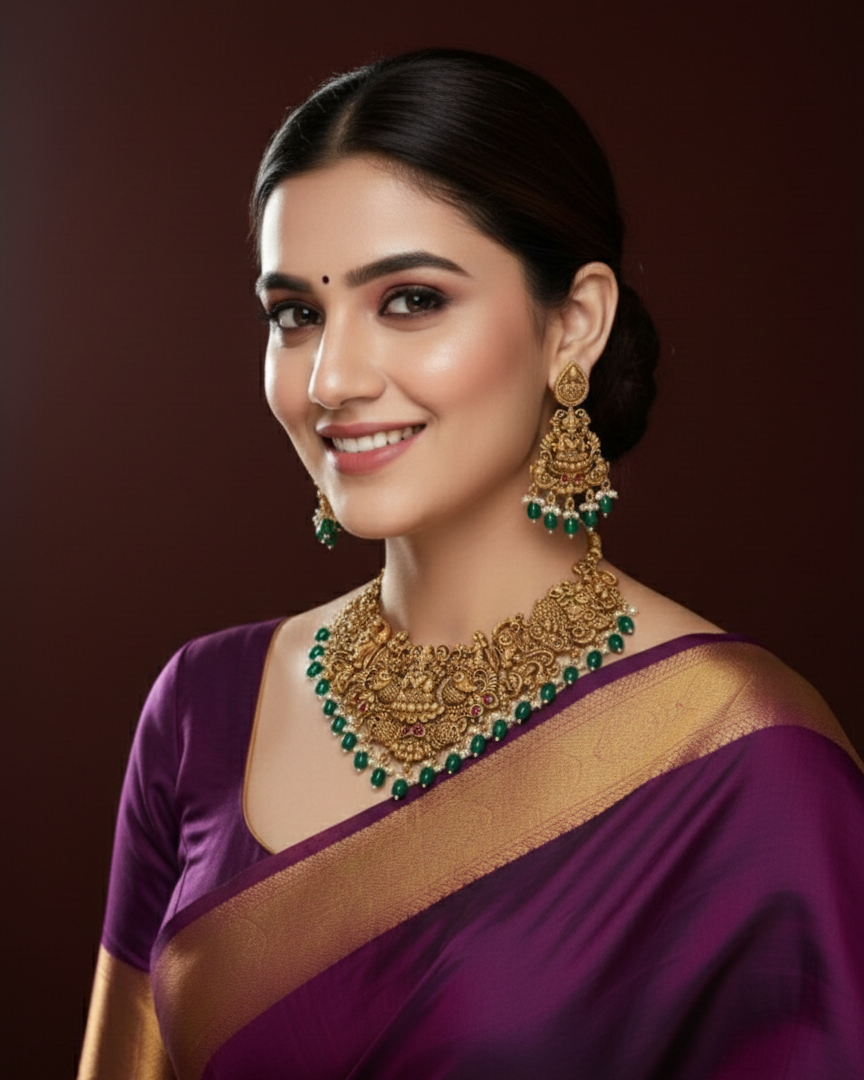 Royal Emerald Laxmi Bridal Necklace Set TN002