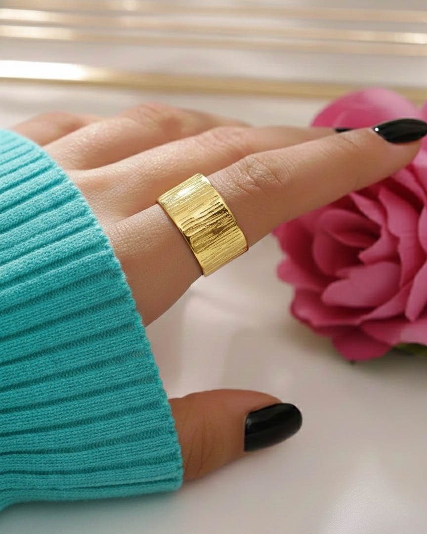 18K Gold Plated Wide Textured Band Ring RNG008