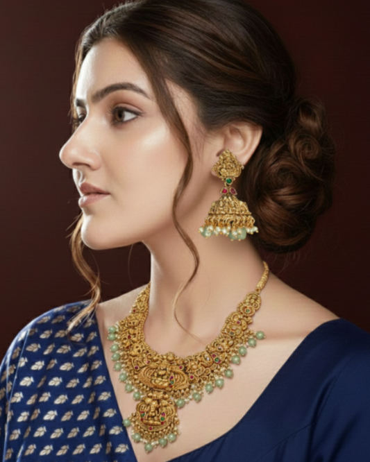 Temple Anique Necklace with Jumkha with light Green Beads TN006